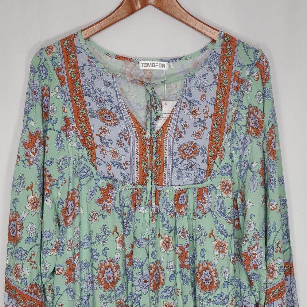 NWT Temofon Shift Dress 3/4 Sleeve Green Blue Paisley Floral XL